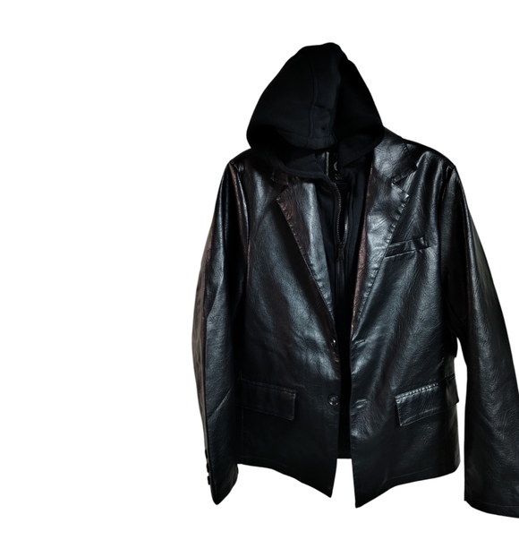 Fried Denim NYC Men's Black Faux Leather Jacket w Removable Jersey Knit Hood M - Picture 3 of 5